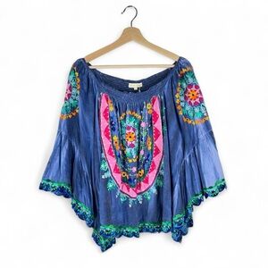 NWT Ruby Yaya Botanica Boho Artsy Hippie Bell Sleeve Blue Crochet Top Large